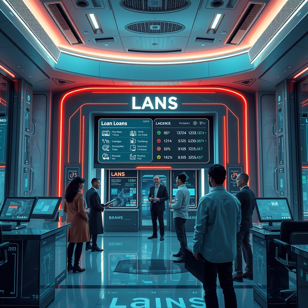 A conceptual illustration depicting a futuristic bank environment where artificial intelligence is integrated into lending processes. The scene includes a digital interface displaying loan options, a diverse group of bankers discussing strategies, and abstract representations of data flow and AI technology.