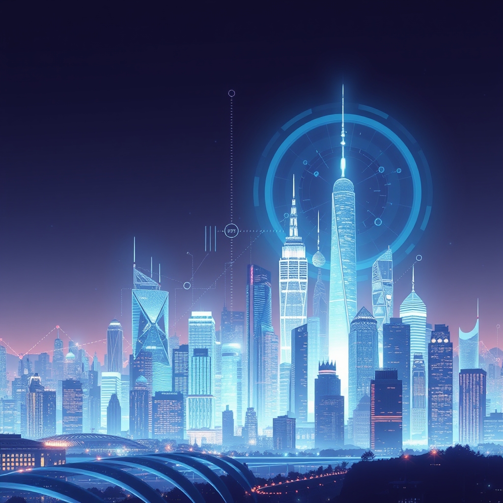 A conceptual illustration depicting a futuristic city skyline with digital elements representing artificial intelligence, featuring a prominent logo of Alphabet in the background, surrounded by abstract representations of data and technology.