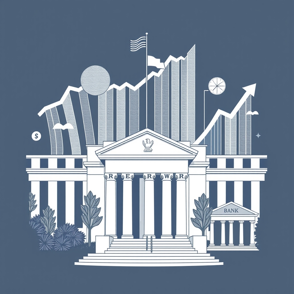 An illustration depicting the Federal Reserve Board building with a symbolic representation of financial growth, featuring a stylized graph and a bank building to represent BancFirst Corporation.