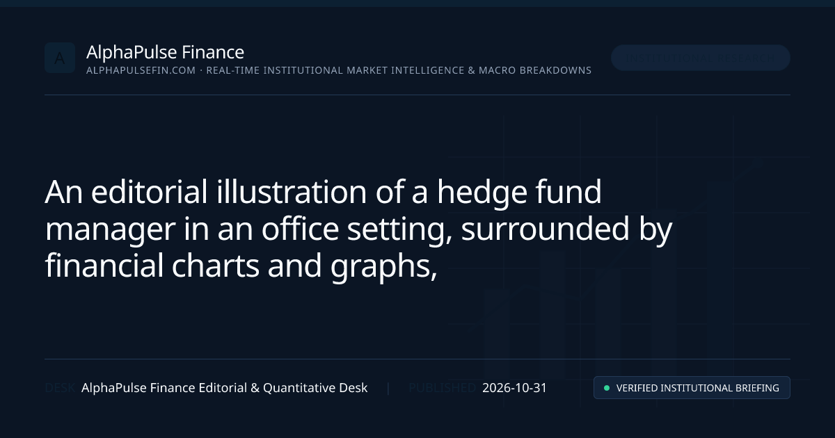 A conceptual illustration depicting a hedge fund manager analyzing financial charts and graphs, with a backdrop of a city skyline and a downward trend line symbolizing losses.