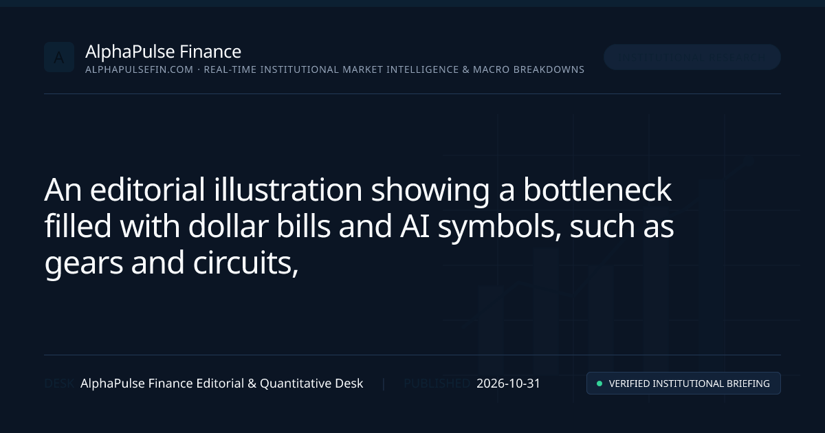 An illustration depicting a bottleneck in a financial context, featuring a narrow passage filled with dollar bills and AI-related icons like gears and circuits, symbolizing the shortage of funding for AI development in America.